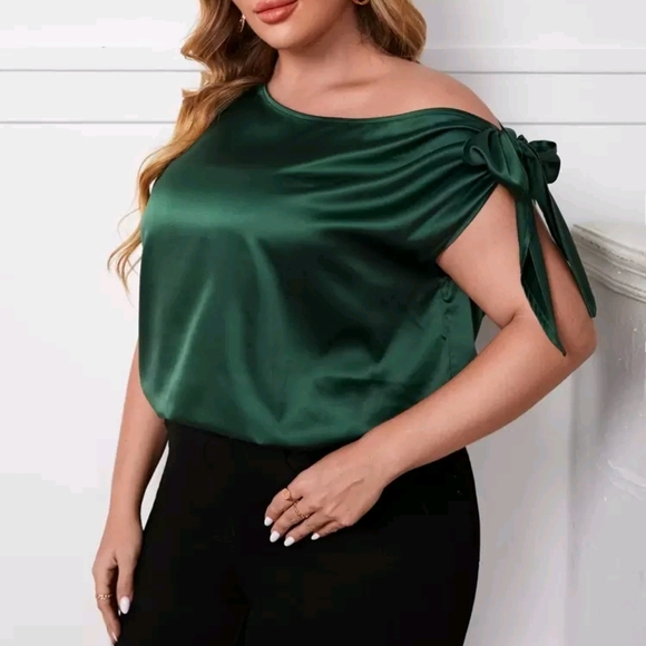 SHEIN Tops - SHEIN Green Satin Off-Shoulder Blouse
